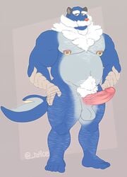 anthro balls beard blue_body body_hair chest_hair erection facial_hair genitals hands_on_hips hi_res leg_hair male male_only mature_anthro mature_male moustache musclegut nintendo nipple_piercing nipples nude penis piercing pokémon_(species) pokemon pubes rine samurott slightly_chubby solo video_games