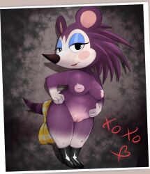 2022 animal_crossing anthro bedroom_eyes boots boots_only breasts clothing eulipotyphlan eyeshadow female footwear footwear_only full-length_portrait genitals hands_on_hips hedgehog hi_res honeymono inverted_nipples labelle_able looking_at_viewer makeup mammal mostly_nude narrowed_eyes nintendo nipples pinup polaroid_photo portrait pose pussy seductive solo video_games