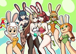 7girls alex_(minecraft) alternate_costume arms_(game) asymmetrical_docking banjo-kazooie blonde_hair blue_hair bob_cut breast_press breasts bunny_ears bunny_girl bunny_tail bunnysuit busty byleth_(fire_emblem) byleth_(fire_emblem)_(female) cleavage crossover cube_head cubic_body cubic_breasts female female_only fire_emblem fire_emblem:_three_houses frown kazooie leggings light-skinned_female light_skin looking_at_viewer mii mii_fighter_costume mii_gunner mii_gunner_(smash_ultimate) min_min_(arms) minecraft mob_face multiple_girls mythra nintendo open_mouth orange_hair pedrocorreia pyra red_hair smile square_head super_smash_bros. super_smash_bros._ultimate teal_hair voluptuous wrist_cuffs xenoblade_(series) xenoblade_chronicles_2