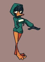 1girls anthro bird_feet bird_humanoid black_feathers black_fur breasts clothed clothing daffy_duck diegothedog duck female female_only fully_clothed furry green_shirt half-closed_eyes i_slammed_my_penis looney_tunes meme musical orange_beak orange_legs parappa_the_rapper rule_63 simple_background soft_feathers solo standing