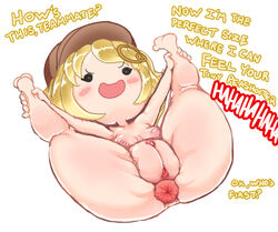 1girls anus black_eyes blonde_hair chibi cocky cyedbyeah dot_eyes english_text hat_only hololive hololive_english hololive_myth laughing leg_grab legs_apart legs_held_open legs_up light-skinned_female naked nipples nude nude_female pussy shortstack small_breasts smol_ame solo_female virtual_youtuber watson_amelia