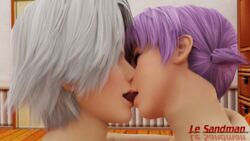 2girls 3d after_anal after_sex ayane_(doa) blender christie_(doa) closed_eyes dead_or_alive french_kiss french_kissing kissing le_sandman nude tongue tongue_licking tongue_out twintails violet_hair white_hair xnalara yuri