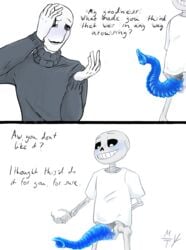 2boys animated_skeleton blue_penis blush bone bottomless bottomwear clothed clothing comic dialogue duo elephant_trunk english_text gaster genitals grin humanoid humor magpiesins male male_only penis proboscis_(anatomy) sans shirt simple_background skeleton smile teeth text topwear trunk trunk_(anatomy) undead undertale unusual_anatomy unusual_genitalia unusual_penis video_games white_background white_body white_clothing white_shirt white_topwear