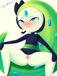 3:4 absurdres after_sex blush bodily_fluids cum cum_in_pussy cum_inside female genital_fluids genitals highres humanoid meloetta meloetta_(aria_form) nintendo pokemon pussy pussy_juice redbenjamin simple_background solo spread_legs spreading watermark