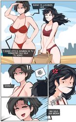 2girls alessandra_(comicomryu) anger_cloud angry angry_face beach big_breasts bikini black_hair breasts cleavage comicomryu female_only implied_netorare large_breasts long_hair mother_and_daughter original original_characters ryumxr short_hair spanish_text text text_bubble