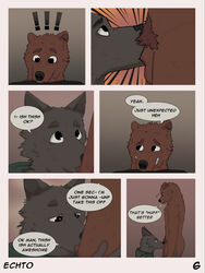 <3_eyes 3:4 anthro canid canine canis clothed clothed/nude clothing comic deep_throat dialogue duo echto english_text fellatio foreskin genitals heart hi_res male male/male mammal nude oral penile penis sex simple_background surprise text uncut ursid wolf