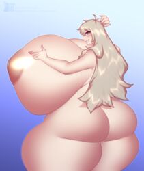 areolae blonde_hair blue_eyes blush fingernail_polish gradient_background hourglass_figure huge_butt hyper_ass hyper_breasts hyper_hourglass hyper_thighs inverted_nipples jess_samson long_hair looking_at_viewer looking_over_shoulder nipples nude pink_fingernails pinkkatfox