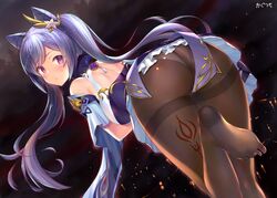 ass bangs bare_shoulders black_legwear blush breasts dress female genshin_impact gloves hair_cones hair_ornament kagutsuchi_(l'archange) keqing_(genshin_impact) long_hair looking_at_viewer medium_breasts panties_under_pantyhose pantyhose purple_dress purple_eyes purple_gloves purple_hair swept_bangs twintails