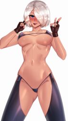 1girls 2020 angel_(kof) belly bikini bikini_bottom bikini_top blue_eyes blush breasts cleavage clyde_s double_peace_sign double_v double_v_sign eyebrows_visible_through_hair eyelashes female female_focus female_only fingerless_gloves gloves hair_over_one_eye king_of_fighters looking_at_viewer low-angle_view micro_bikini navel peace_sign short_hair snk solo solo_female solo_focus standing thighs tongue tongue_out underboob v v_sign white_background white_hair