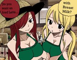 apron apron_only ass big_breasts blonde_hair breast_squeeze breasts cleavage coloredyiddies dialogue duo edit erza_scarlet fairy_tail hat iced_latte_with_breast_milk light-skinned_female lucy_heartfilia meme presenting_breasts red_hair talking_to_viewer