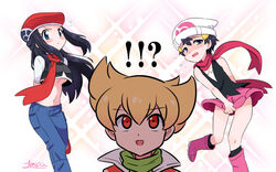 !? 1girls 2021 2boys :< arms_behind_back artist_name bare_arms bare_shoulders barry_(pokemon) beanie beret black_hair blonde_hair blue_eyes blush boots breasts clothed clothing costume_switch covering covering_crotch crop_top crossdressing dawn_(pokemon) dress dress_tug embarrassed female femboy flying_sweatdrops hair_between_eyes hat highres jacket kneehighs long_hair looking_at_viewer lospa lospa_mog lucas_(pokemon) male medium_breasts midriff multiple_boys navel nintendo no_bra open_mouth outfit_swap pants pink_background pokemon pokemon_dppt red_eyes scarf shoes short_hair signature sleeveless sleeveless_dress sparkle standing sweat sweatdrop thighs tongue trap underboob wavy_mouth