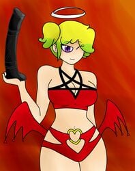 ann_chica_(fnafhs) blonde_hair chica_(fnafhs) demon demon_girl demon_wings dildo dildo_in_hand fhs fhsz3r0 fnafhs fnafhs_z3ro fnafhsrule34 holding_dildo horsecock purple_eyes wex