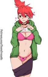 1girls biting_lip bra cartoon_network choker clothes_lift female_only foster's_home_for_imaginary_friends frankie_foster green_jacket jacket panties partially_undressed pink_bra pink_panties ponytail red_hair rosefromsin skirt