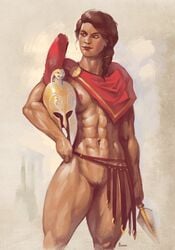 1girls abs areolae assassin's_creed_(series) assassin's_creed_odyssey big_breasts black_pubic_hair breasts brown_hair cape female female_only greek helmet janrock kassandra large_breasts mature_female muscles muscular muscular_arms muscular_female muscular_thighs nipples nude_female pink_areola pubic_hair pussy red_cape solo spear traditional_art ubisoft