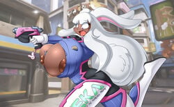 1girls 2020 areolae blush breasts breasts_bigger_than_head cosplay d.va_(cosplay) dark-skinned_female female female_only gun huge_breasts long_hair mastergodai nipples original_character overwatch rayciel_(msteelport) solo surprised thick_thighs upstairstudios wardrobe_malfunction white_hair