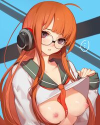 1girls ahoge atlus bangs behind-the-head_headphones black-framed_eyewear black_eyes blunt_bangs breasts clothed clothes_lift clothing crop_top female female_only flashing glasses head_tilt headphones highres light-skinned_female light_skin long_hair looking_at_viewer megami_tensei mostly_nude nipples no_bra orange_hair paid_reward pale_skin parted_lips patreon_reward persona persona_5 persona_5_royal sailor_collar sailor_shirt sakura_futaba school_uniform shirt shirt_lift sidelocks small_breasts solo songjikyo spoken_ellipsis upper_body