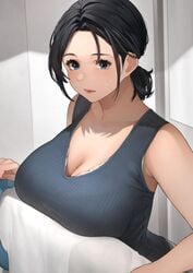 1girls balcony black_hair blue_eyes blush breasts cleavage female female_focus female_only fully_clothed large_breasts married_woman mature_female milf oppai original original_character sakuranotomoruhie short_hair sidelocks tied_hair