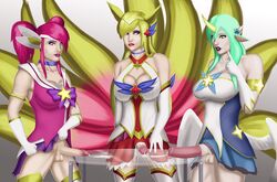 3futas ahri animal_genitalia animal_genitalia_on_humanoid anmatiel cum erect_penis erection futa_only futanari glass_table horsecock horsecock_on_humanoid league_of_legends luxanna_crownguard mostly_clothed soraka star_guardian_ahri star_guardian_lux star_guardian_series star_guardian_soraka