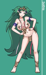 1girls aged_up alternate_breast_size bad_censor bare_legs braid censored covered_nipples covering covering_crotch fire_emblem fire_emblem:_three_houses green_eyes green_hair large_breasts linked_nipples long_hair nintendo nipple_piercing nude nude_female older piercing pointy_ears revealing_clothes saberrung smile solo sothis_(fire_emblem) twin_braids very_long_hair