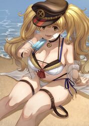 1girl 1girls beach bikini breasts granblue_fantasy hat large_breasts lollipop monika_weisswind popsicle sand straps sweat sweating swimsuit water wet_clothes