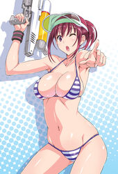 big_breasts bikini breasts busty cleavage kurara-chan_(pinvise) pinvise pointing striped_bikini suzutsuki_kurara visor_cap water_gun