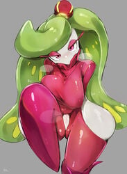 2021 big_breasts blush breasts clothing digital_media_(artwork) elemental_creature female flora_fauna genitals green_hair hair hi_res humanoid looking_at_viewer mammal menyang nintendo not_furry pink_eyes plant pokémon_(species) pokemon pussy simple_background solo tsareena video_games