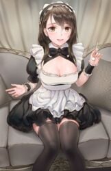 blush brown_eyes brown_hair chowbie cleavage female female_only hair_between_eyes indoors light-skinned_female looking_at_viewer maid maid_headdress maid_uniform original sitting thighhighs young