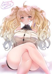 blush crossed_legs granblue_fantasy monika_weisswind thick_thighs