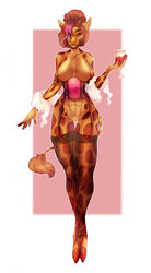 2021 5_fingers anthro breasts brown_hair celine_louison clothed clothing corset digital_media_(artwork) female fingers giraffe giraffid hair hi_res hooves kristiana_puff legwear lingerie mammal mostly_nude nipple_piercing nipples piercing pink_eyes pink_hair smile solo topwear wine_glass