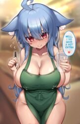 1girls ahoge animal_ear_fluff animal_ears apron bangs blue_hair blurry blurry_background blush breasts clavicle cleavage closed_mouth clothing cowboy_shot cup curvaceous english english_text eyebrows_visible_through_hair female hadaka_apron hair_between_eyes heart high_resolution holding holding_cup holding_object holding_pen iced_latte_with_breast_milk itsumi_(kaptivate) kaptivate lactation lactation_through_clothes large_breasts long_hair meme nekomimi nervous_smile original pen red_eyes smile solo speech_bubble spoken_sweatdrop sweatdrop text very_long_hair wide_hips