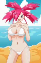 alluring beach bikini female female_only flannery_(pokemon) hair_over_one_eye huge_ass huge_breasts human human_only looking_at_viewer mostly_nude nintendo open_mouth outdoor outdoors outside pokemon pokemon_(anime) pokemon_rse seaside seductive shablagooo side-tie_bikini_bottom solo solo_female standing thigh_gap white_bikini wide_hips