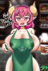 1girls apron horns huge_breasts humanoid iced_latte_with_breast_milk ilulu_(dragon_maid) justfb light-skinned_female light_skin meme miss_kobayashi's_dragon_maid red_hair starbucks twintails