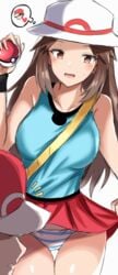 1boy 1girls 2018 absurd_res bag bare_arms bare_shoulders baseball_cap between_breasts blue_panties breasts brown_eyes brown_hair cameltoe clothed clothing eyebrows_visible_through_hair farys_(afopahqfw) female female_focus hat heart highres holding_poke_ball large_breasts leaf_(pokemon) looking_at_another male matching_hair/eyes miniskirt nintendo open_mouth panties pantyshot pantyshot_(standing) poke_ball pokeharlot pokemon pokemon_frlg pokemon_rgby red_(pokemon) shaded_face shirt simple_background skirt smile spoken_character spoken_heart standing striped striped_panties stripes sun_hat sweat sweatdrop tank_top thigh_gap thighs thought_bubble tongue underwear white_background white_panties wristband