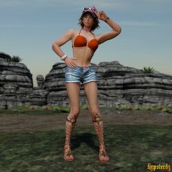 1girls 3d alluring bikini brown_eyes brown_hair feet female female_abs female_only fusion gladiator_sandals hat heart_shaped_sunglasses hypster83 jean_shorts josie_rizal miharu_hirano namco sandals shorts solo tekken tekken_7 toes voluptuous wristbands