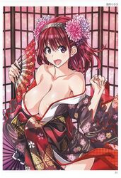 big_breasts breasts busty cleavage female female_only hair_ornament japanese_clothes kimono kurara-chan_(pinvise) original paper_fan pinvise solo solo_female suzutsuki_kurara