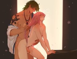 2boys arm_tattoo cherry_blossom_(sk8_the_infinity) completely_nude cute_male femboy gay genitals green_hair hair_grab hair_pull hand_on_stomach joe_(sk8_the_infinity) kaoru_sakurayashiki kojiro_nanjo long_hair long_hair_male male male/male male_only necklace no_underwear nsf-ko nude nude_male penis pink_hair pubes pubic_hair pulling_hair sk8_the_infinity tattoo tattoo_on_arm yaoi