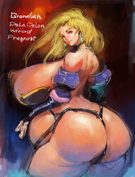 ass belly big_ass big_breasts big_nipples blonde_hair bra brandish_(game) breasts breasts_out dela_delon falcom huge_breasts lactation lactation_without_expressing leather_harness looking_back pregnant puffy_nipples ukatsu_juuzou