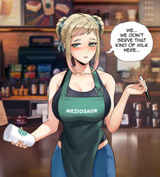 1girls alternate_costume apron bare_shoulders barista black_shirt blonde_hair blue_pants blush braid braided_bun breasts cleavage coffee_maker_(object) coffee_shop collarbone commentary contemporary cup double_bun english_commentary english_text fire_emblem fire_emblem_heroes gradient_hair green_apron green_eyes green_ribbon hair_bun hair_ribbon half-closed_eyes henriette_(fire_emblem) holding holding_cup holding_object holding_pen iced_latte_with_breast_milk indoors large_breasts looking_at_viewer mature_female meme meziosaur mifl milf moize_opel multicolored_hair nintendo pants pen pink_hair ribbed_shirt ribbon shirt short_hair sidelocks sleeveless sleeveless_shirt solo speech_bubble starbucks surprised text