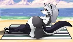 2021 anthro ass beach big_breasts big_butt black_nose breasts canid canid_demon clothing cloud collar demon ear_piercing el-loko female genitals hellhound helluva_boss hi_res legwear looking_at_viewer loona_(helluva_boss) mammal notched_ear open_mouth outside piercing pussy red_sclera sand seaside solo spiked_collar spikes water