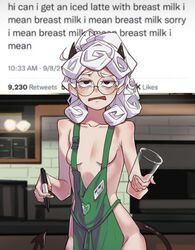 apron demon_girl flat_chest glasses helltaker iced_latte_with_breast_milk meme pandemonica_(helltaker) tagme tw_ite