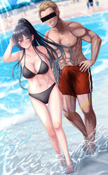 1boy 1girls abs anetani_kiki beach big_breasts bikini black_bikini black_hair blush bulge cleavage erection erection_under_clothes female idolmaster idolmaster_shiny_colors long_hair male ponytail pubic_hair pubic_hair_peek shirase_sakuya side-tie_bikini swimsuit tenting thigh_gap toned_female