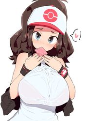 1girls baseball_cap big_breasts black_vest blue_eyes bra_visible_through_clothes breasts brown_hair cheeky condom condom_in_mouth creatures_(company) curly_hair cute eyebrows eyelashes female female_only game_freak hat high_ponytail hilda_(pokemon) huge_breasts human human_only large_breasts long_hair looking_at_viewer mouth_hold nintendo pokemon pokemon_(game) pokemon_bw shirt sidelocks simple_background sleeveless sleeveless_shirt solo solo_female suggestive tank_top tottotonero vest voluptuous white_background white_shirt wristband