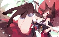 1girls akagi_(azur_lane) animal_ears azur_lane breasts brown_hair crossed_legs ear large_breasts leggings legs looking_at_viewer nanoless skirt solo tagme thighhighs thighs