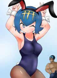 1boy 1girls aged_up armpits big_breasts blue_eyes blue_hair breasts bunny_ears bunny_tail bunnysuit erection_under_clothes female lana_(pokemon) leotard mob_face muscular_male nintendo pantyhose pokemon pokemon_sm ranfe short_hair thick_thighs thighs