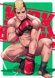 1boy amber_eyes bandaids blonde_hair boxing_gloves bruises cum cumming cumshot kick_boxer male male_only maorenc penis_out pubes solo sportswear sweat