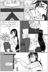 2d art black_and_white black_and_white_drawing cloud_strife comic comic_page final_fantasy final_fantasy_vii kiahl story tifa_lockhart