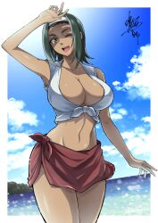 1girls artist_signature beach black_hair breasts brown_eyes cleavage cloud dark-skinned_female dark_skin day headband large_breasts looking_at_viewer manyuu_hikenchou narumiamaya navel oiso open_mouth outdoors sarong short_hair sleeveless tied_shirt water wink