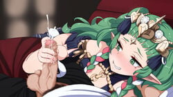 1boy 1girls bangs bare_legs black_pants blunt_bangs blur_censor blush braid censored commission cum cum_on_hand ejaculation fire_emblem fire_emblem:_three_houses green_eyes green_hair grin half-closed_eyes hand_on_another's_crotch handjob hetero highres long_hair looking_at_viewer naughty_face nintendo novcel pants penis pointy_ears pov ribbon_braid side_braids smile solo_focus sothis_(fire_emblem) tassel teasing tiara twin_braids veins veiny_penis