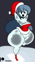 1girls 2021 :) armpits arms_behind_back big_breasts bottom_heavy christmas christmas_outfit cleavage dumplis_(artist) ghost ghost_girl gray_background huge_ass huge_hips huge_thighs long_hair mob_face patreon pussy revealing_clothes santa_hat snow spooky's_house_of_jump_scares spooky_(shojs) thin_waist visible_pussy wide_hips