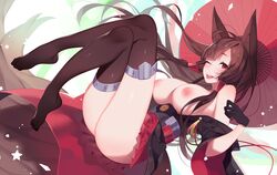 1girls akagi_(azur_lane) animal_ears ass azur_lane breasts brown_hair crossed_legs ear leggings legs looking_at_viewer nanoless nipples skirt solo tagme thighhighs thighs